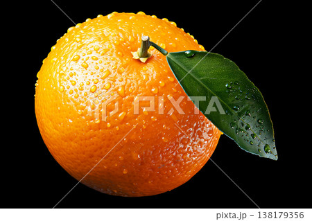 Fresh orange with leaf and water droplets isolated on black background with clipping path, concept freshness and natural quality Fresh orange with leaf and water droplets isolated on black background with clipping path, concept freshness and natural quality 138179356
