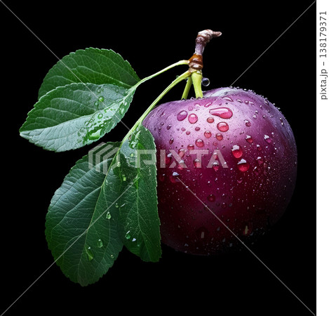 Ripe plum covered with water droplets and green leaves isolated on black background with clipping path, concept of freshness Ripe plum covered with water droplets and green leaves isolated on black background with clipping path, concept of freshness 138179371