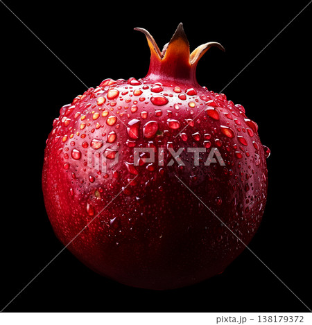 Ripe pomegranate with water drops isolated on dark background with clipping path, concept of freshness and natural nutrition Ripe pomegranate with water drops isolated on dark background with clipping path, concept of freshness and natural nutrition 138179372