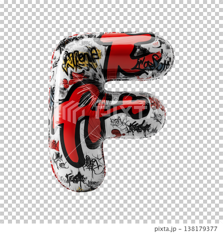 Inflatable letter F covered in bold graffiti artwork in a street art style isolated on white background, symbolizing urban art 138179377