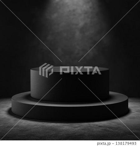 Dark cylindrical podium for product display in minimalist style on plain backdrop, concept of modern elegance product mockup 138179493