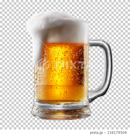 A glass of golden beer with thick foam shown isolated on white background, concept of refreshment and celebration 138179504