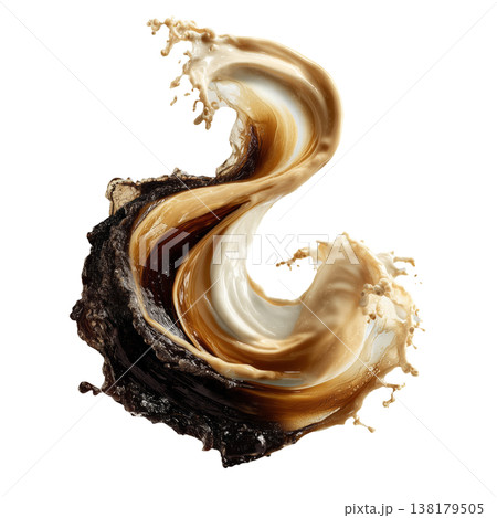 Coffee, cream, and milk splashes merging in dynamic style isolated on white background, concept of fluid energy and freshness 138179505