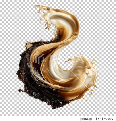 Coffee, cream, and milk splashes merging in dynamic style isolated on white background, concept of fluid energy and freshness 138179505