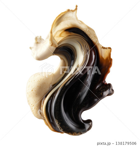 Coffee, cream, and milk splashes merging in dynamic style isolated on white background, concept of fluid energy and freshness 138179506