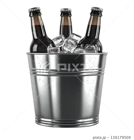 Metal bucket filled with cold drink bottles and ice, isolated on white background, symbolizing refreshment chill 138179509