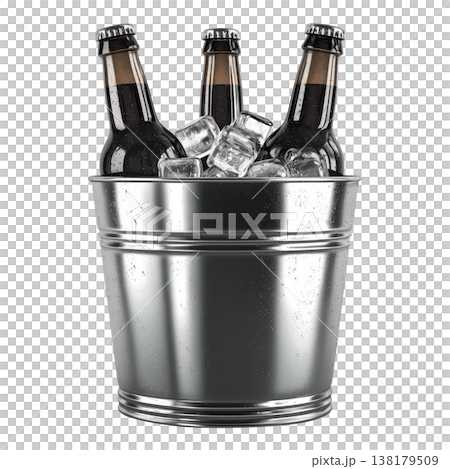 Metal bucket filled with cold drink bottles and ice, isolated on white background, symbolizing refreshment chill Metal bucket filled with cold drink bottles and ice, isolated on white background, symbolizing refreshment chill 138179509