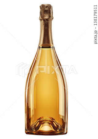 Clear sparkling wine bottle with gold foil shown isolated on white background, concept of celebration and elegance Clear sparkling wine bottle with gold foil shown isolated on white background, concept of celebration and elegance 138179511