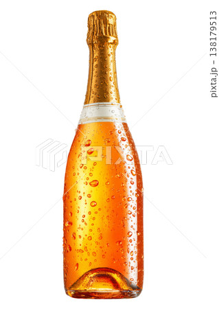 Chilled drink in champagne bottle with droplets and gold foil isolated on white background showing refreshment concept idea 138179513