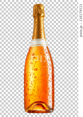 Chilled drink in champagne bottle with droplets and gold foil isolated on white background showing refreshment concept idea 138179513