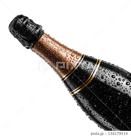 Black champagne bottle with gold foil water drop isolated on white background, concept of festive celebration event Black champagne bottle with gold foil water drop isolated on white background, concept of festive celebration event 138179514