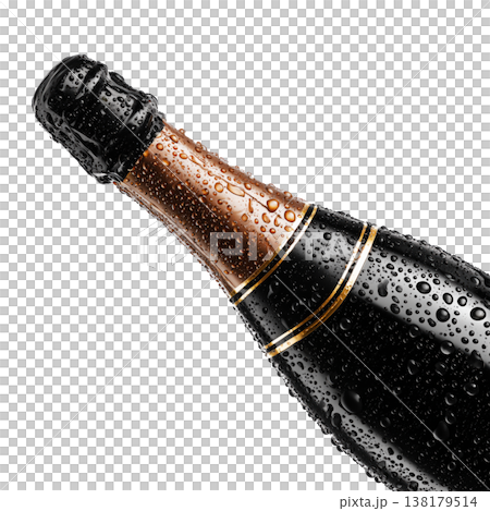 Black champagne bottle with gold foil water drop isolated on white background, concept of festive celebration event Black champagne bottle with gold foil water drop isolated on white background, concept of festive celebration event 138179514