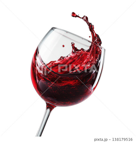 Glass with red wine splash isolated on white background, concept of elegance and celebration Glass with red wine splash isolated on white background, concept of elegance and celebration 138179516