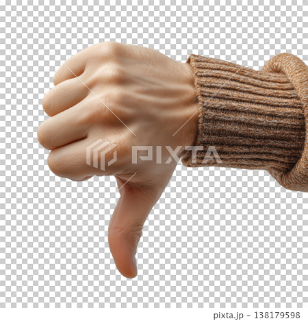 Close-up of male hand doing thumbs down sign isolated on white background. Concept of disapproval, rejection, or negative feedback Close-up of male hand doing thumbs down sign isolated on white background. Concept of disapproval, rejection, or negative feedback 138179598
