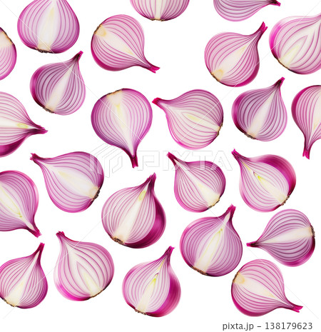 Halved red onions arranged in a seamless pattern, isolated on a white background, concept of fresh vegetable texture Halved red onions arranged in a seamless pattern, isolated on a white background, concept of fresh vegetable texture 138179623