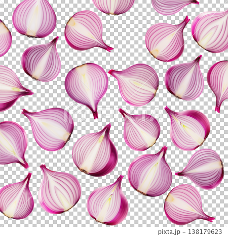 Halved red onions arranged in a seamless pattern, isolated on a white background, concept of fresh vegetable texture Halved red onions arranged in a seamless pattern, isolated on a white background, concept of fresh vegetable texture 138179623