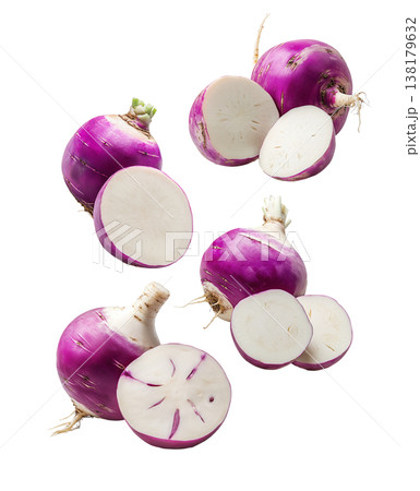 Fresh purple turnips or radish with green leaves scattered and isolated on white background, organic farming and healthy food Fresh purple turnips or radish with green leaves scattered and isolated on white background, organic farming and healthy food 138179632