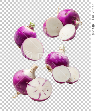 Fresh purple turnips or radish with green leaves scattered and isolated on white background, organic farming and healthy food Fresh purple turnips or radish with green leaves scattered and isolated on white background, organic farming and healthy food 138179632