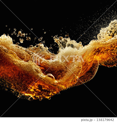 Golden foamy liquid splash and golden beer wave with frothy bubbles on dark background, concept of freshness, energy and vitality Golden foamy liquid splash and golden beer wave with frothy bubbles on dark background, concept of freshness, energy and vitality 138179642