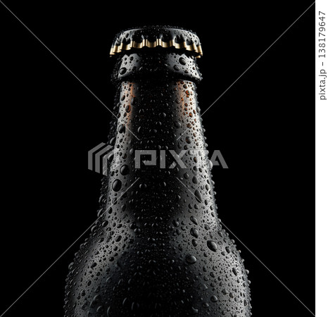 Chilled beer bottle covered in droplets shown in studio lights isolated on dark background with clipping path concept of freshness Chilled beer bottle covered in droplets shown in studio lights isolated on dark background with clipping path concept of freshness 138179647