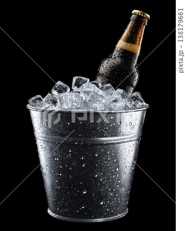 Cold black bottle in metal bucket filled with ice cubes on black background with clipping path, concept of refreshment and cooling Cold black bottle in metal bucket filled with ice cubes on black background with clipping path, concept of refreshment and cooling 138179661