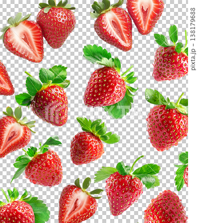Juicy whole and halved strawberries with green leaves scattered and isolated on white background, freshness and healthy eating Juicy whole and halved strawberries with green leaves scattered and isolated on white background, freshness and healthy eating 138179688