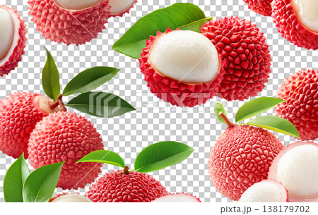 Juicy lychee fruits with red rough skin and green leaves, peeled and whole, on white background. Concept of tropical fruit 138179702