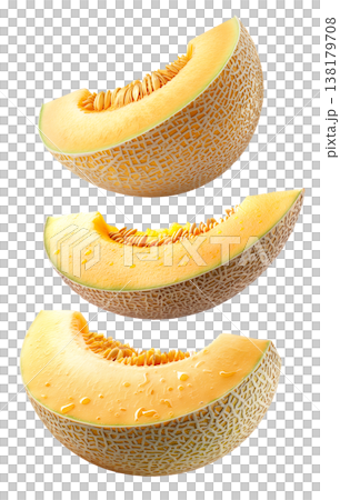 Fresh cantaloupe melon slices arranged in a seamless pattern isolated on white background, summer fruit freshness and health Fresh cantaloupe melon slices arranged in a seamless pattern isolated on white background, summer fruit freshness and health 138179708