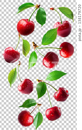 Juicy red cherries with fresh green leaves and water droplets, isolated on a white background, concept of freshness Juicy red cherries with fresh green leaves and water droplets, isolated on a white background, concept of freshness 138179720