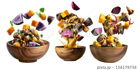 Papua New Guinea Taro and Sweet Potato Stew, thick stew of root vegetables and leafy greens, isolated on white background 138179738