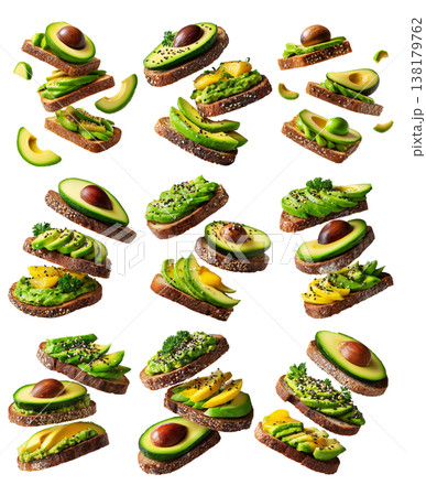 California avocado toast topped with ripe avocado slices, boiled egg, sesame seeds, herbs and sauce, isolated on white background 138179762