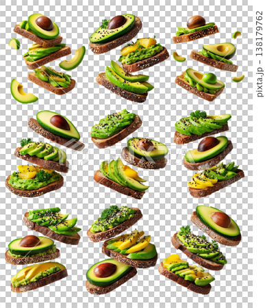 California avocado toast topped with ripe avocado slices, boiled egg, sesame seeds, herbs and sauce, isolated on white background 138179762