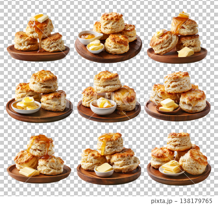 Buttermilk biscuits topped with syrup and butter, stacked on a wooden plate, isolated on white background, concept of breakfast 138179765