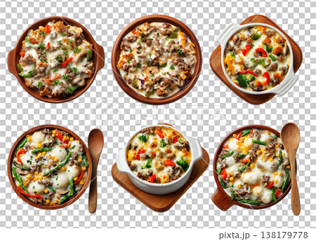 Cheesy baked beef and vegetable casserole with broccoli and bell peppers in ceramic dish, top view, isolated on white background Cheesy baked beef and vegetable casserole with broccoli and bell peppers in ceramic dish, top view, isolated on white background 138179778