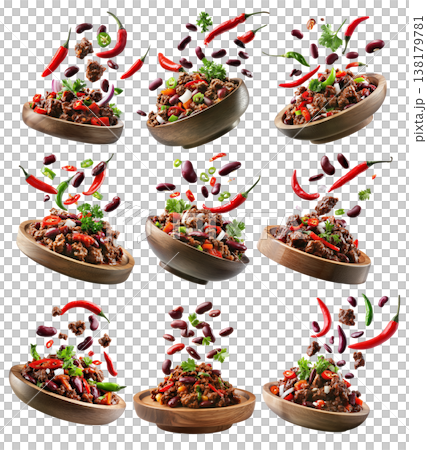 Southwest Tex-Mex Chili con carne beef chili stir-fry with or without beans isolated on white background, concept of hot cuisine Southwest Tex-Mex Chili con carne beef chili stir-fry with or without beans isolated on white background, concept of hot cuisine 138179781