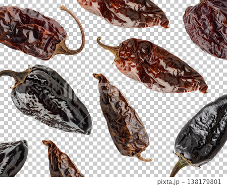 Dried chili peppers scattered and isolated on white background, spicy food concept, showcasing culinary ingredients texture 138179801