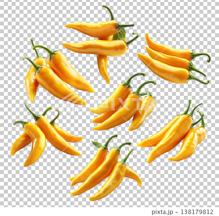 Fresh yellow chili peppers in various bunches, isolated on clean white background, concept of spicy food Fresh yellow chili peppers in various bunches, isolated on clean white background, concept of spicy food 138179812