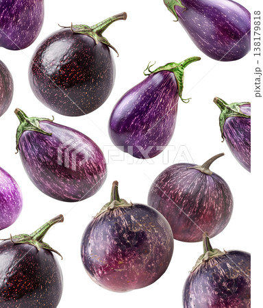 Several purple striped eggplants displayed in scattered pattern isolated on white background, produce and organic food concept 138179818