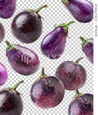 Several purple striped eggplants displayed in scattered pattern isolated on white background, produce and organic food concept Several purple striped eggplants displayed in scattered pattern isolated on white background, produce and organic food concept 138179818