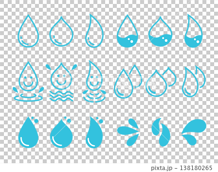 一組簡單的水滴、水滴和水主題圖示。 一組簡單的水滴、水滴和水主題圖示。 138180265