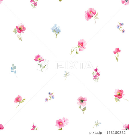 Delicate watercolor seamless pattern with small pink and blue flowers on white background. Light botanical design perfect for wedding stationery, invitations, fabric, wrapping paper, baby products Delicate watercolor seamless pattern with small pink and blue flowers on white background. Light botanical design perfect for wedding stationery, invitations, fabric, wrapping paper, baby products 138180282