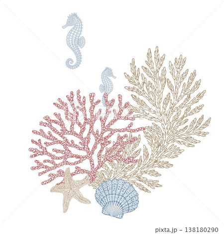 Trendy lace style marine coral illustration composition. Decorative hand drawn sea corals, shells, starfish and seahorses in elegant line art style. Modern coastal design perfect for banners 138180290