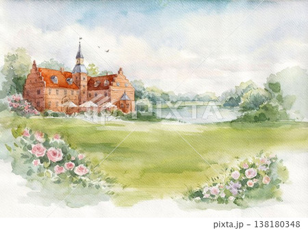 Luxury Wedding Chateau Watercolor Landscape Elegant Garden Venue Romantic Invitation Background 138180348