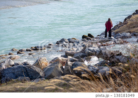 Person walking on rocky shore near river or lake 138181049