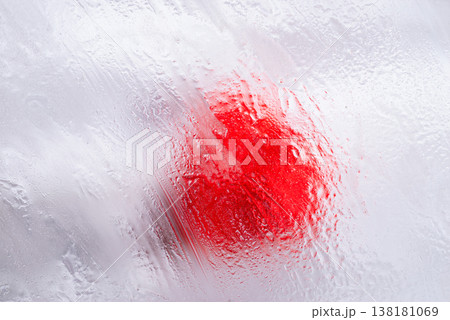 Macro red paint drop on white surface Japanese flag concept 138181069