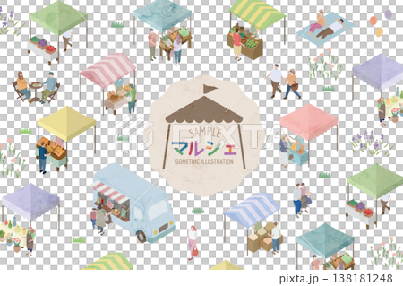 Watercolor-style isometric market illustration set Watercolor-style isometric market illustration set 138181248