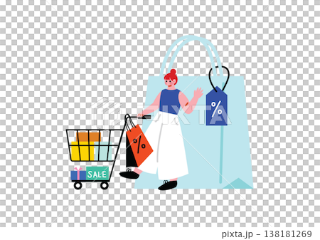 Illustration of a woman pushing a shopping cart Illustration of a woman pushing a shopping cart 138181269