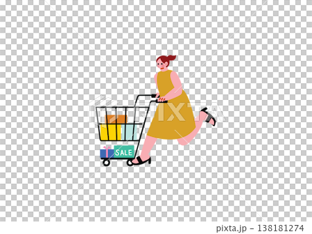 ショッピングカートを押す女性のイラスト 138181274