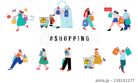 買い物を楽しむ人々のイラストセット 138181277