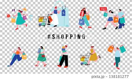 買い物を楽しむ人々のイラストセット 138181277